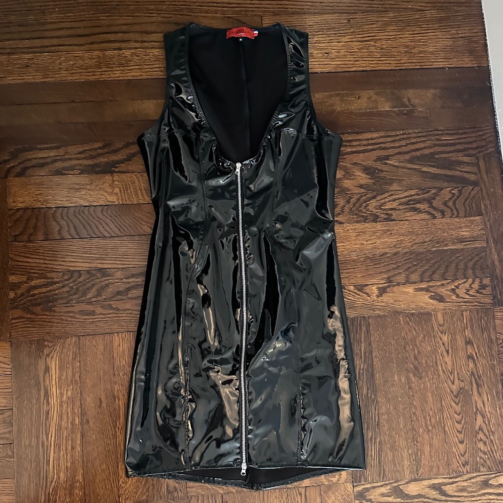Black Vinyl Zip Up Mini Dress